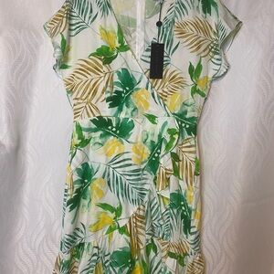 Gianni bini ivory and green with multiple colors hidden zipper ruffles nwt midi